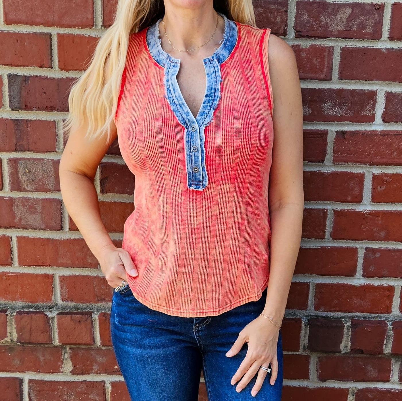 Washed Thermal Sleeveless Henley Top