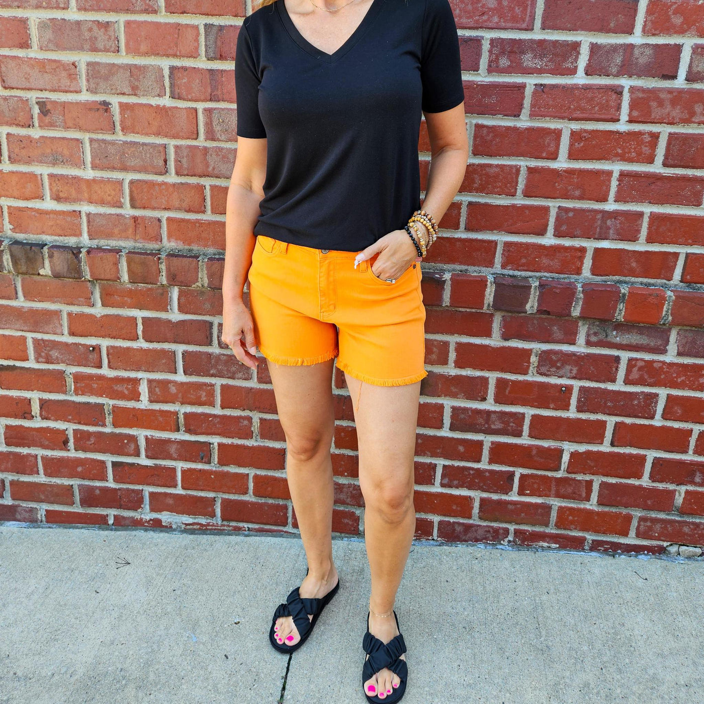 Orange Frayed Hem Shorts